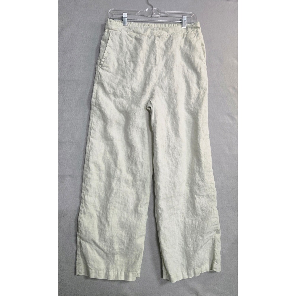 M. Rena 100% Linen Wide Leg Pull-On Pants Women's Large Ivory Elastic Waist